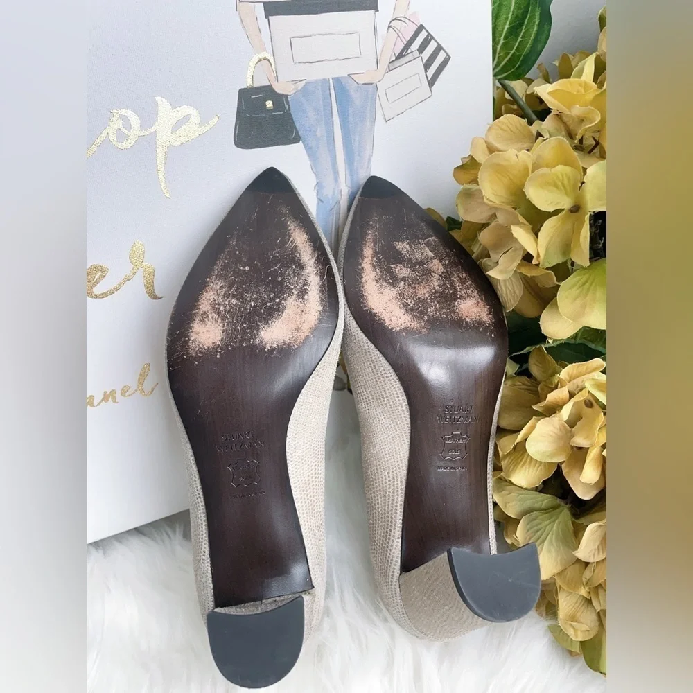 Stuart Weitzman Casual Beige Textured Block Heel Pumps Pointed Toe Women's Shoes